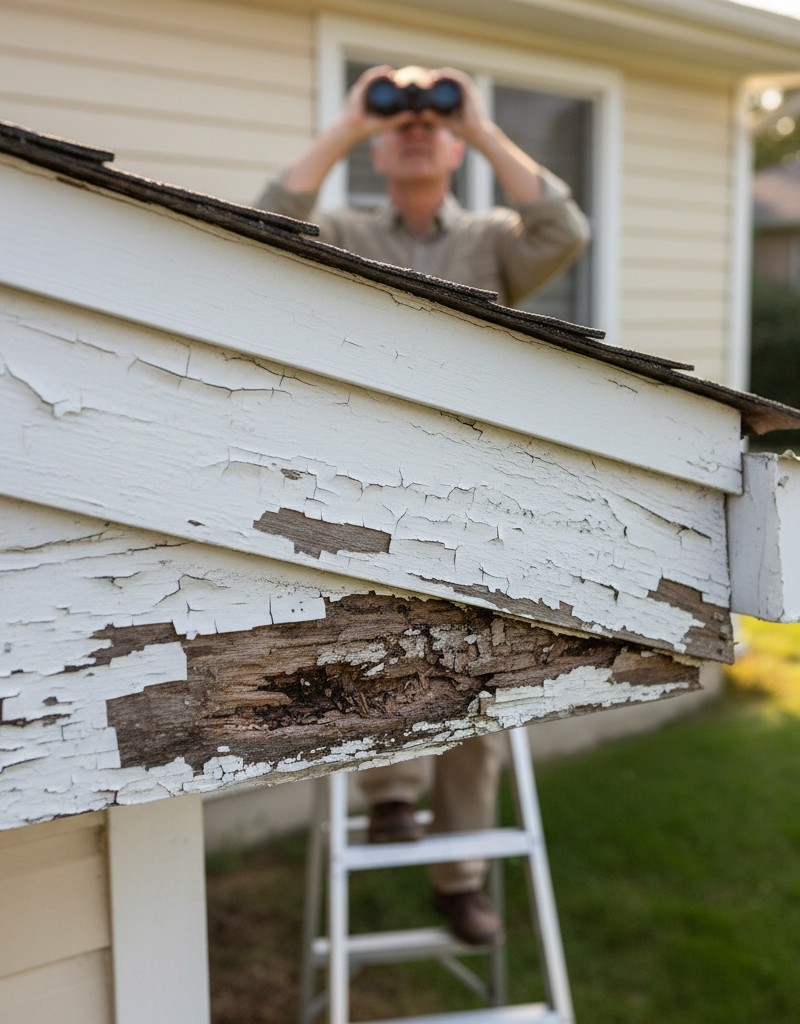Close-up of damaged house soffit and fascia with peeling paint and wood rot