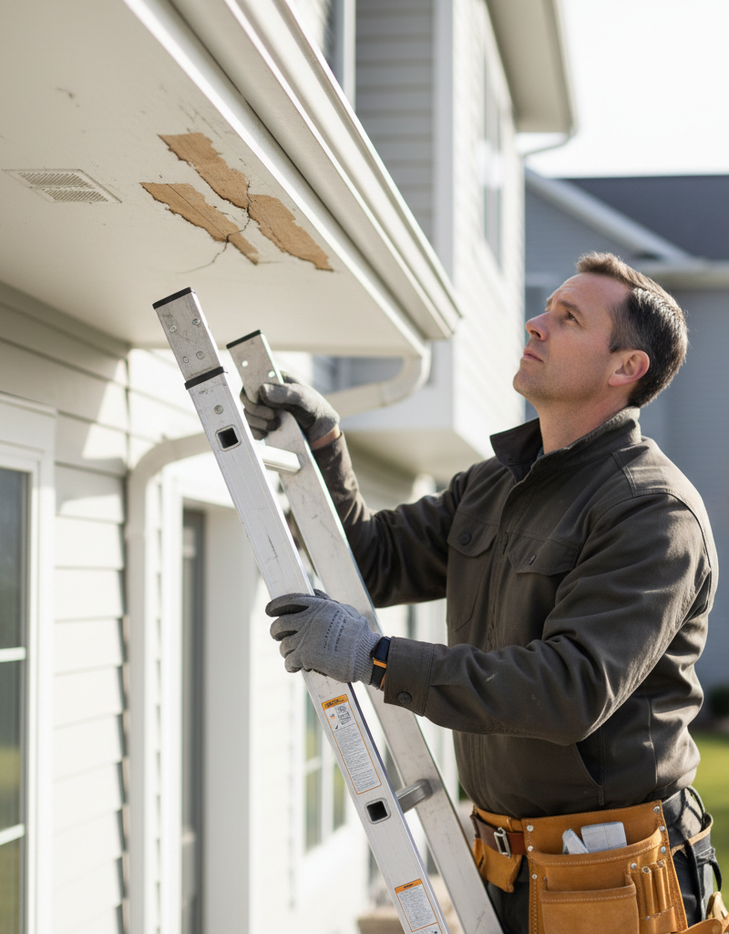 Homeowner on ladder inspecting peeling paint on soffit and fascia