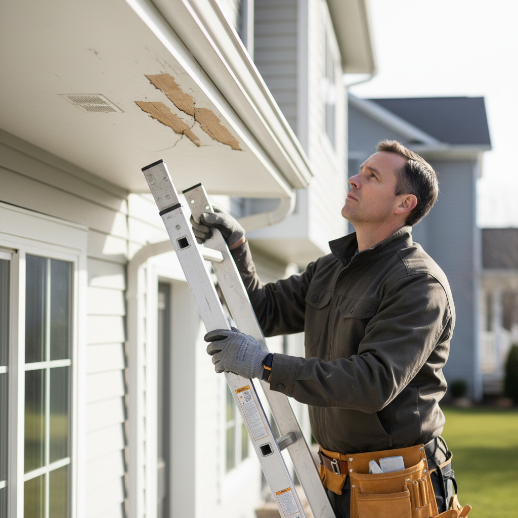Homeowner on ladder inspecting peeling paint on soffit and fascia