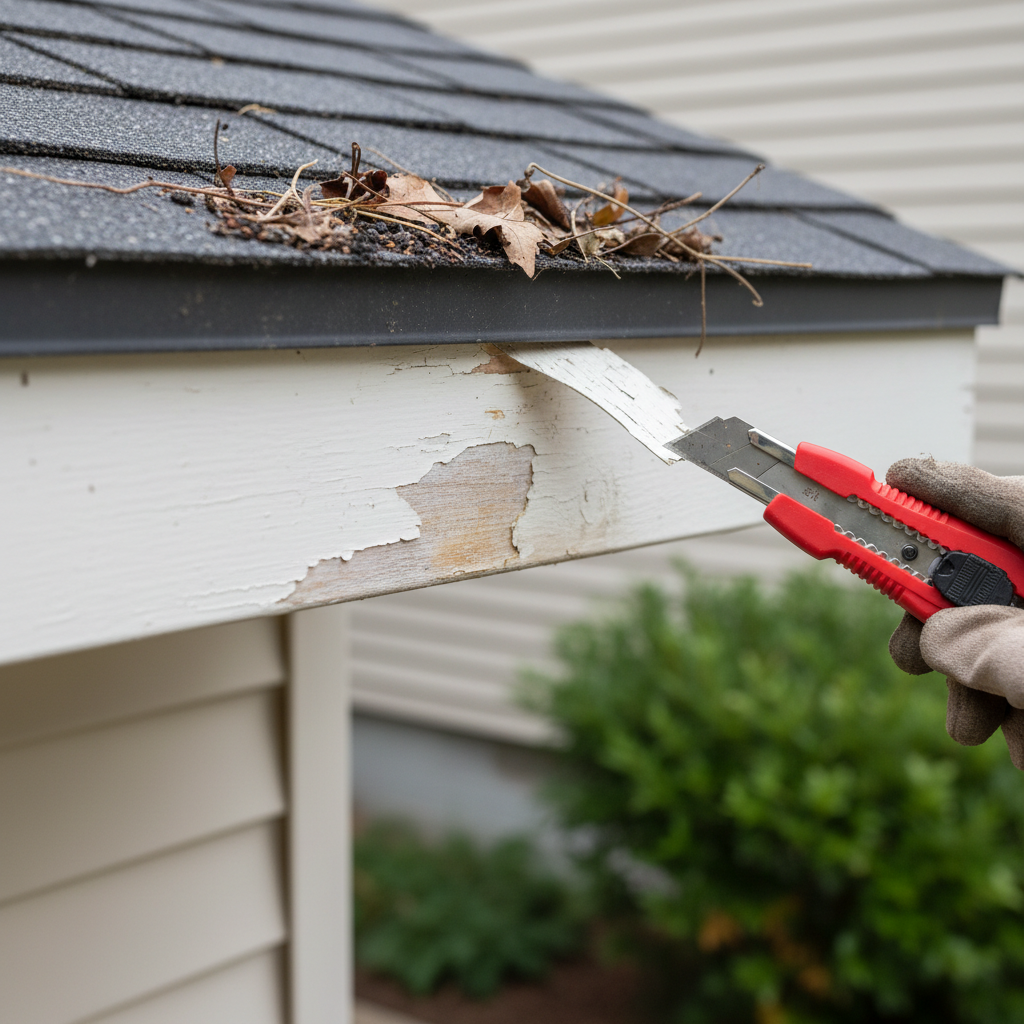 Homeowner inspecting peeling paint on a white fascia board beneath a gutter, a clear sign of early soffit and fascia damage.
