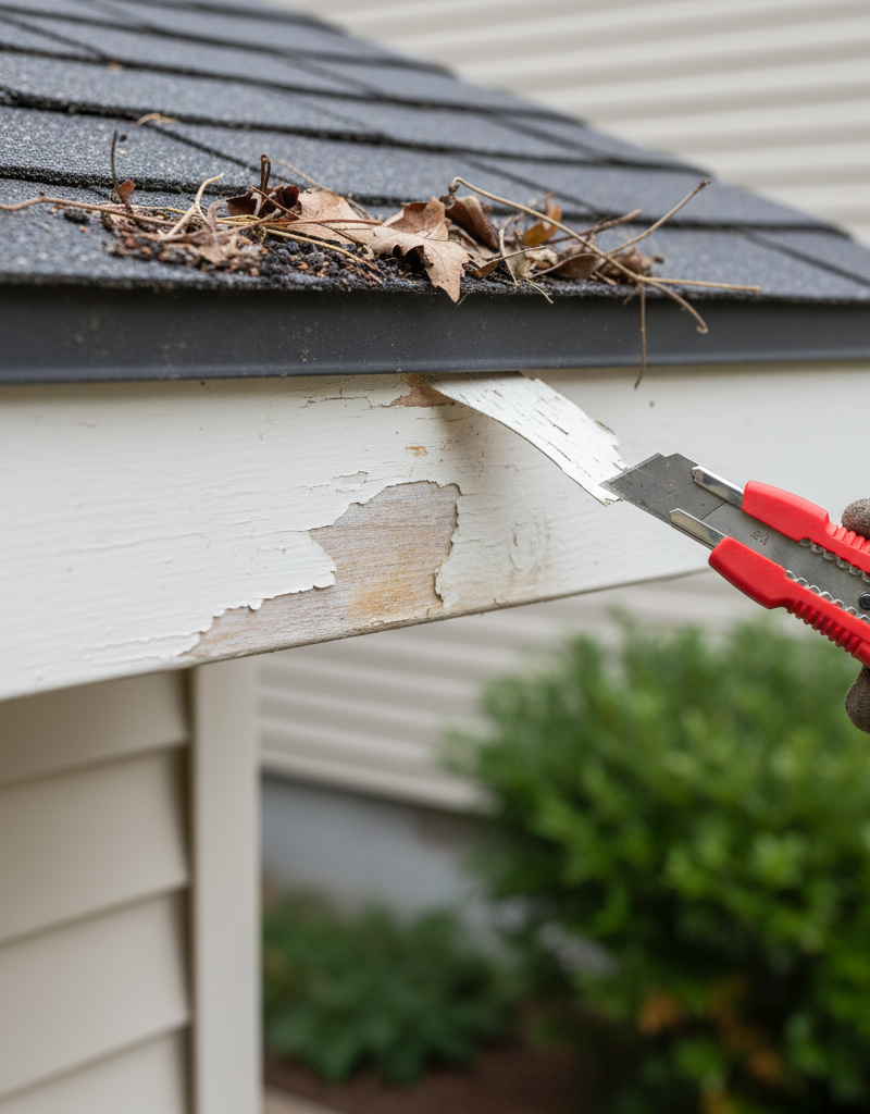 Homeowner inspecting peeling paint on a white fascia board beneath a gutter, a clear sign of early soffit and fascia damage.