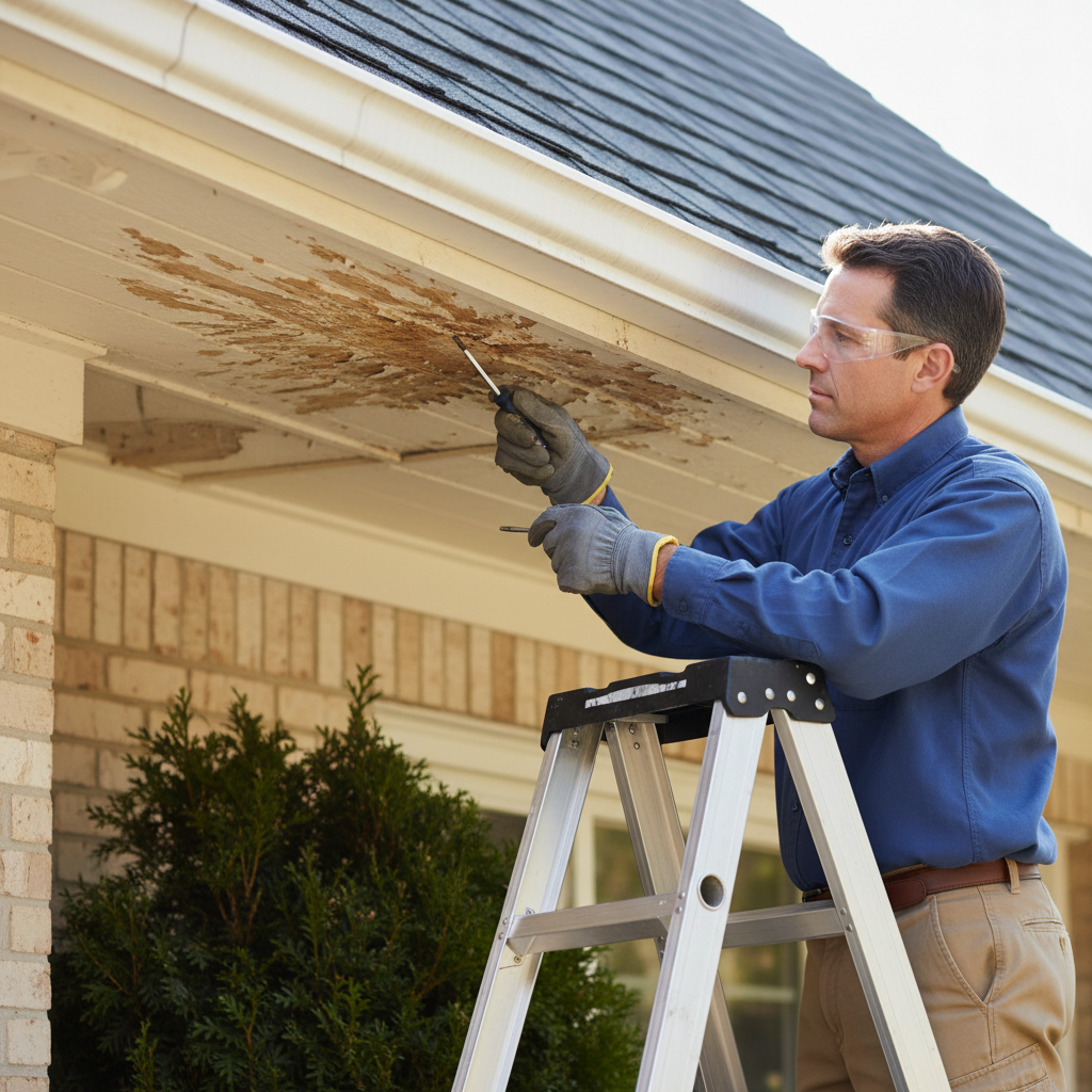Homeowner on ladder inspecting damaged soffit and fascia for rot