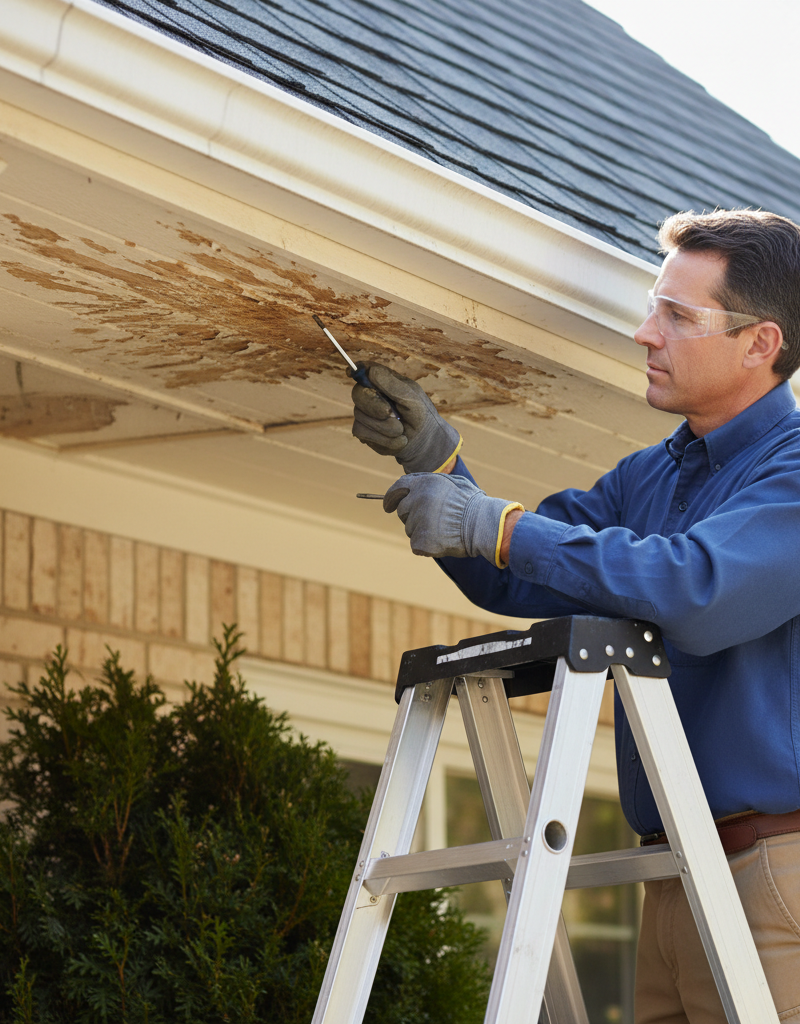 Homeowner on ladder inspecting damaged soffit and fascia for rot
