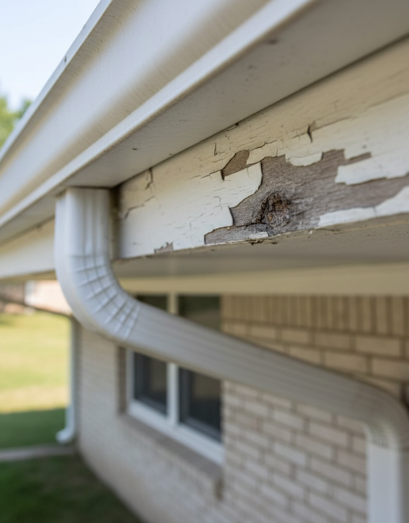 Close-up of damaged soffit and fascia on a house, showing peeling paint and wood rot.