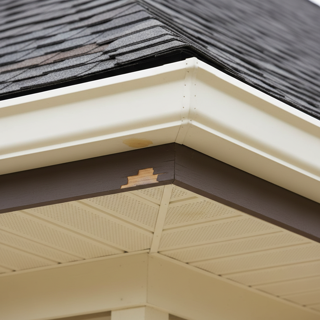 Close-up of a house's roofline, showing soffit and fascia with subtle peeling paint and water stain damage