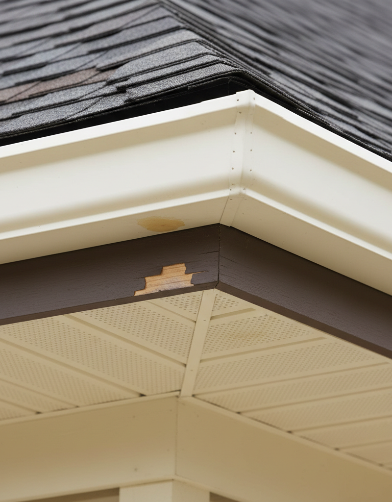 Close-up of a house's roofline, showing soffit and fascia with subtle peeling paint and water stain damage