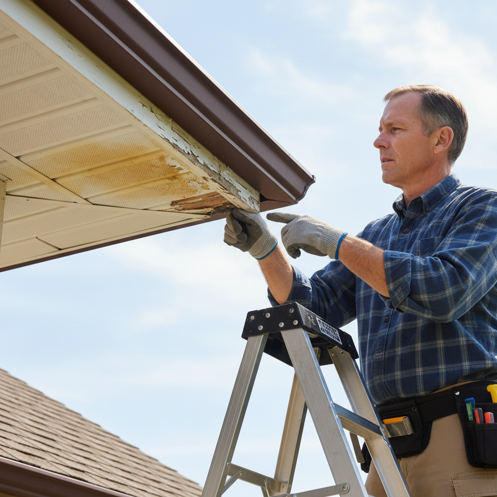 Homeowner on ladder pointing at peeling paint and rot on a house's wood fascia board beneath the gutter, indicating damage.