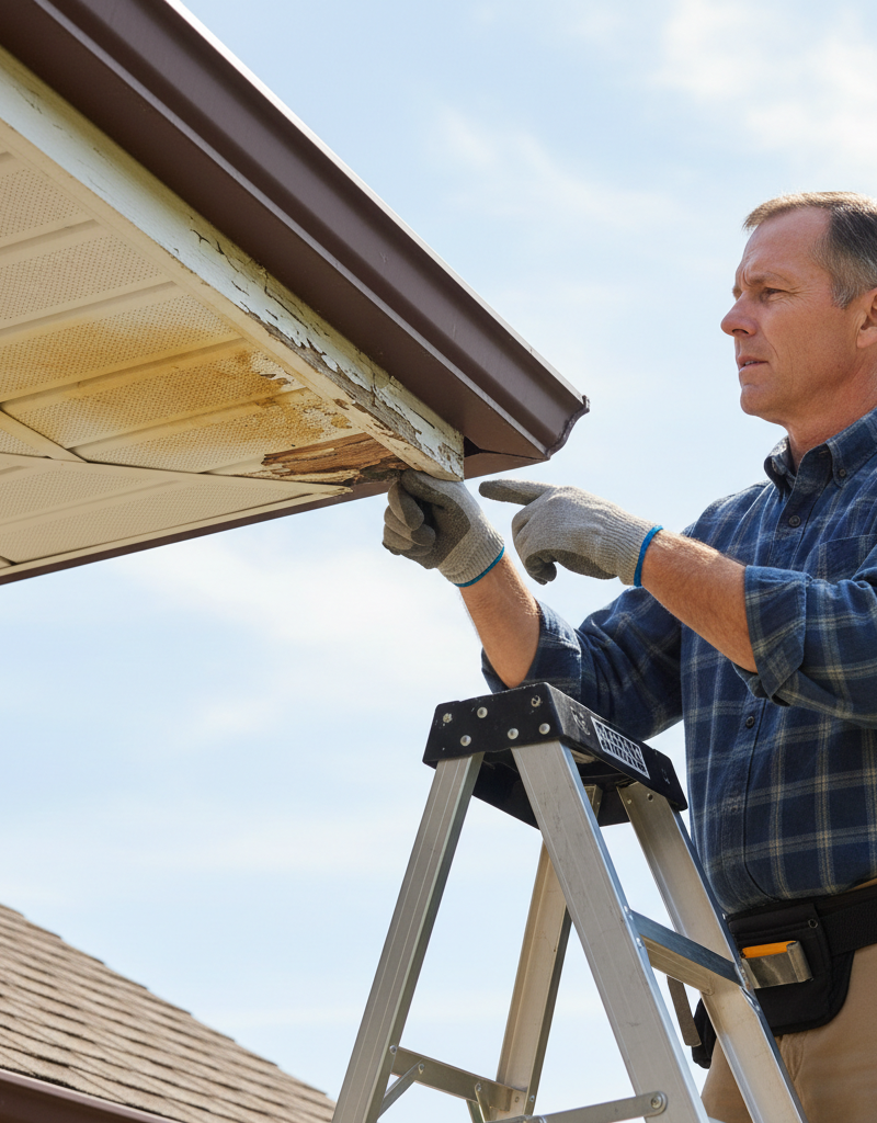 Homeowner on ladder pointing at peeling paint and rot on a house's wood fascia board beneath the gutter, indicating damage.