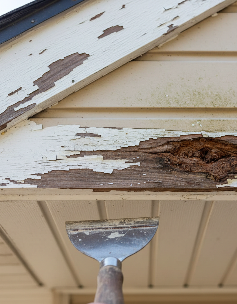 Close-up of peeling paint and rot on a wooden fascia board with white vinyl soffit in the background