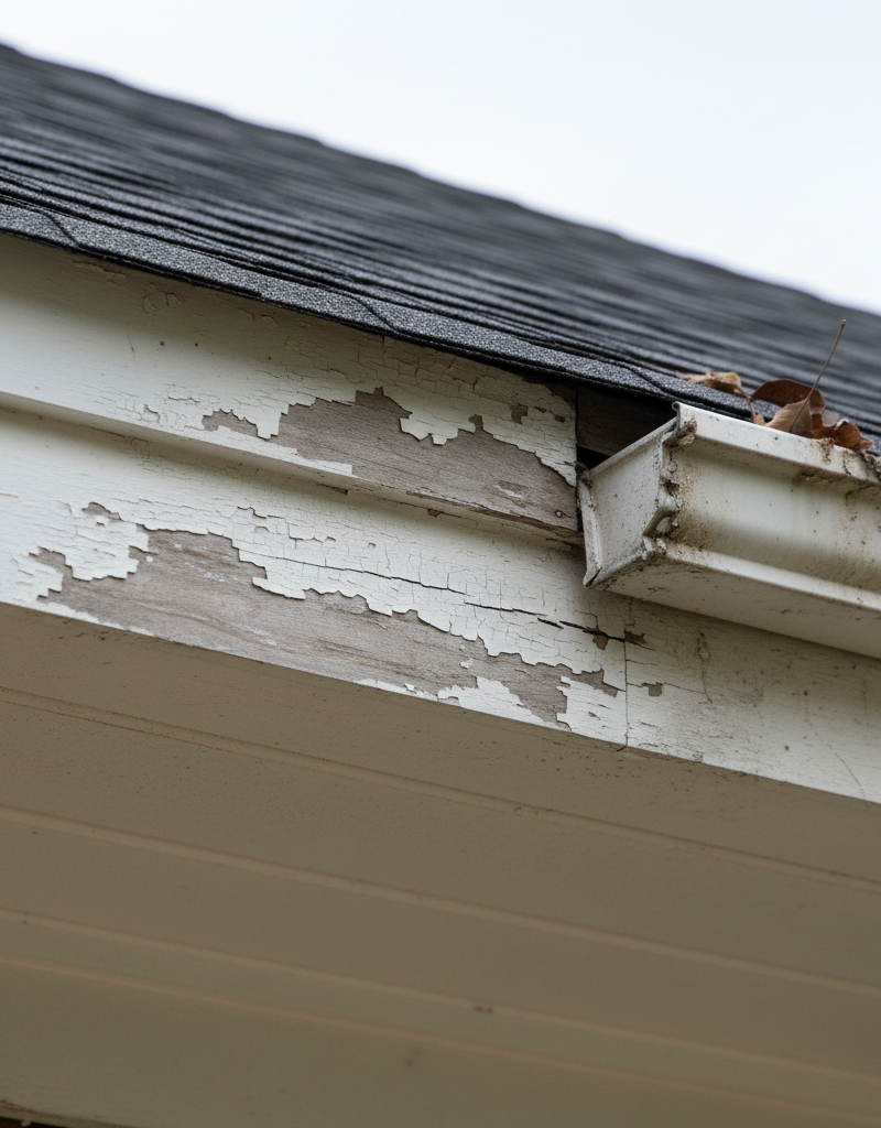 Close-up of a home's soffit and fascia showing peeling paint and minor water damage, indicating repair is needed.