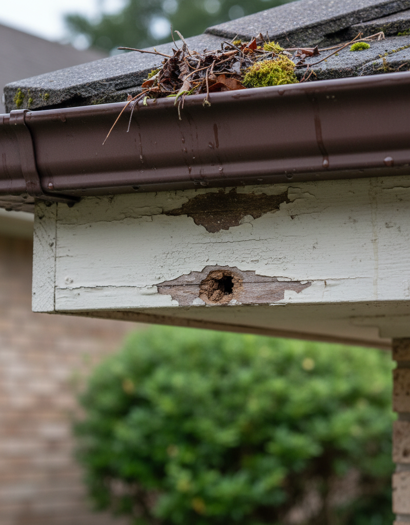 Visible water damage and peeling paint on a house's wooden fascia board with a small hole in the adjacent soffit, indicating rot and the need for repair.