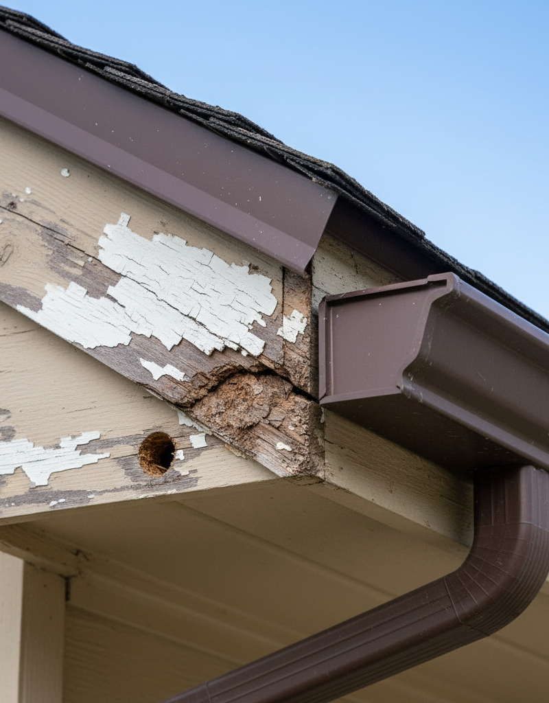 Close-up of rotting wooden fascia board and damaged soffit on a house eave, showing peeling paint and discoloration.