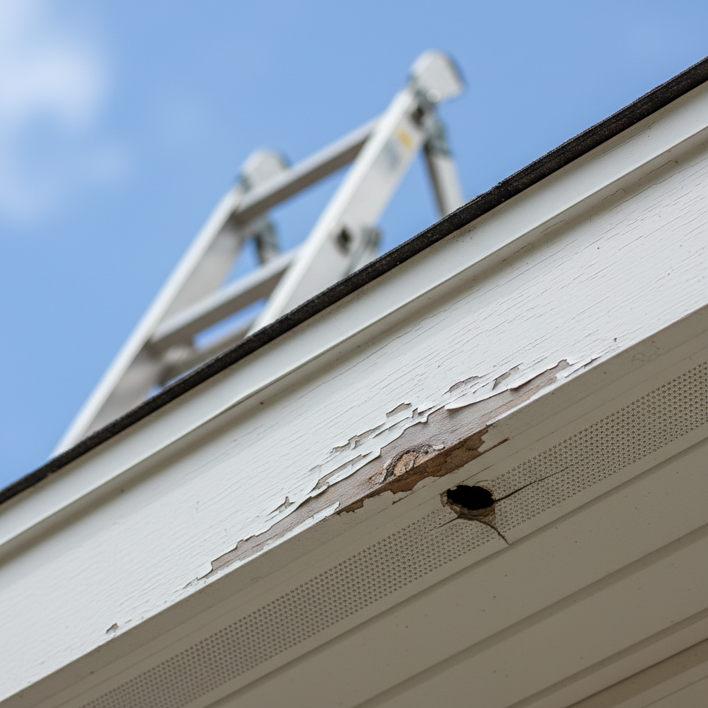 Close-up of a damaged soffit with a hole and peeling fascia paint on a residential roofline, indicating needed repairs.