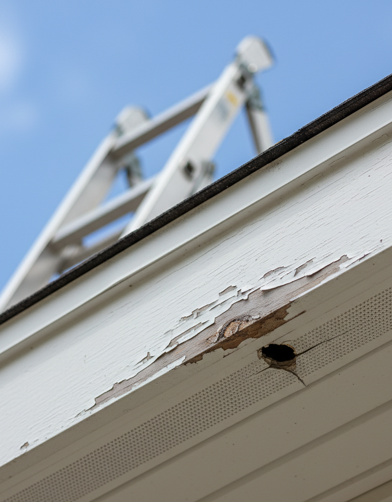 Close-up of a damaged soffit with a hole and peeling fascia paint on a residential roofline, indicating needed repairs.