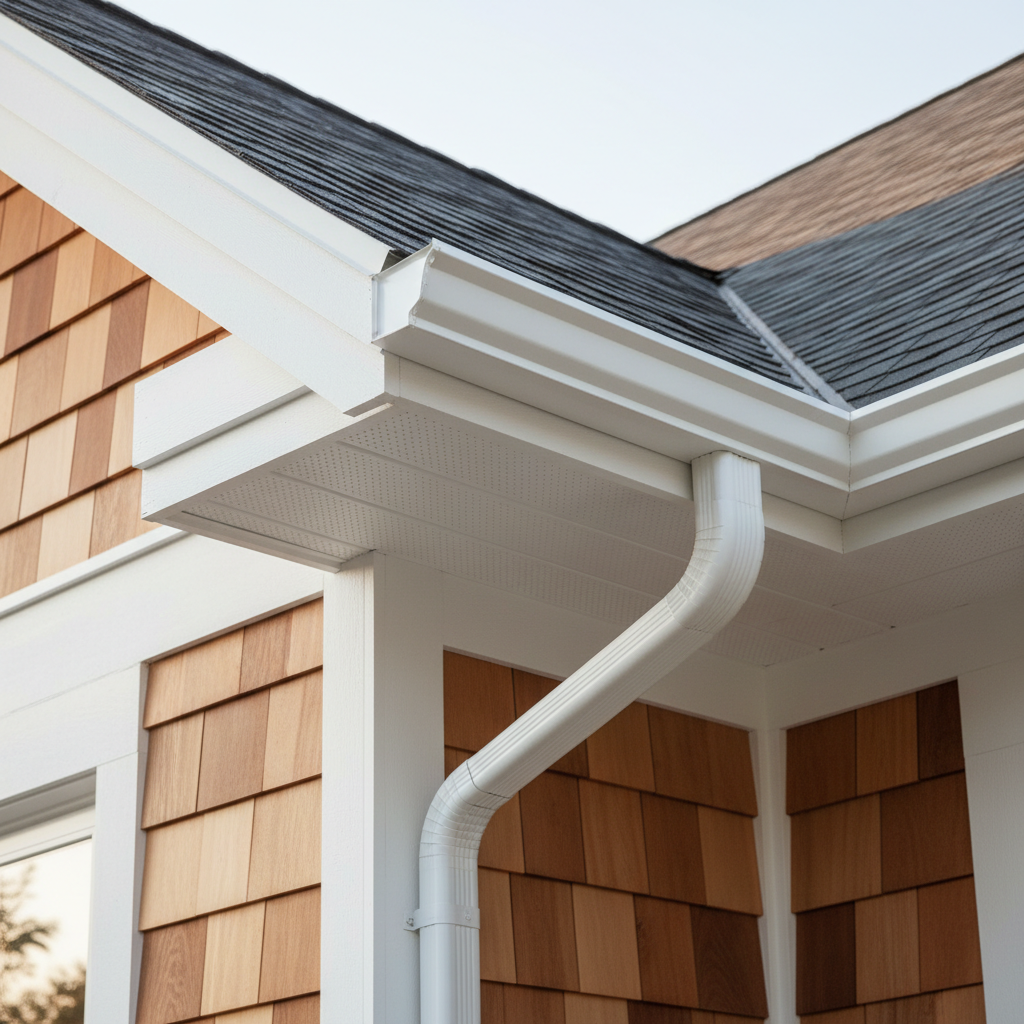 Clean, undamaged white soffit and fascia on a well-maintained house with dark gutters.