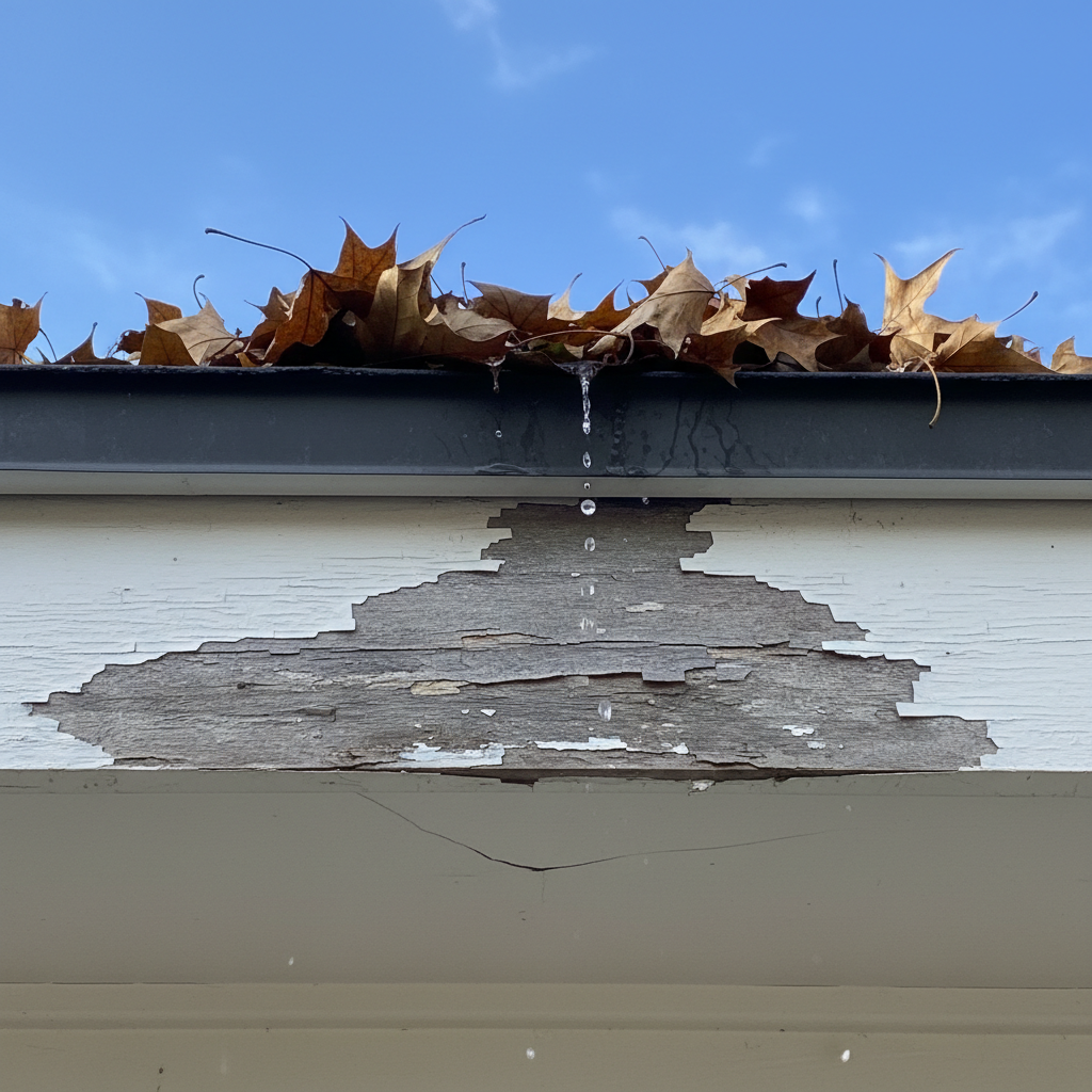 Damaged wooden fascia with peeling paint and rotted sections, with a cracked vinyl soffit panel underneath, indicating water damage and neglect.