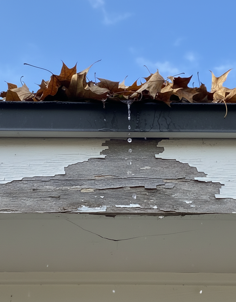 Damaged wooden fascia with peeling paint and rotted sections, with a cracked vinyl soffit panel underneath, indicating water damage and neglect.