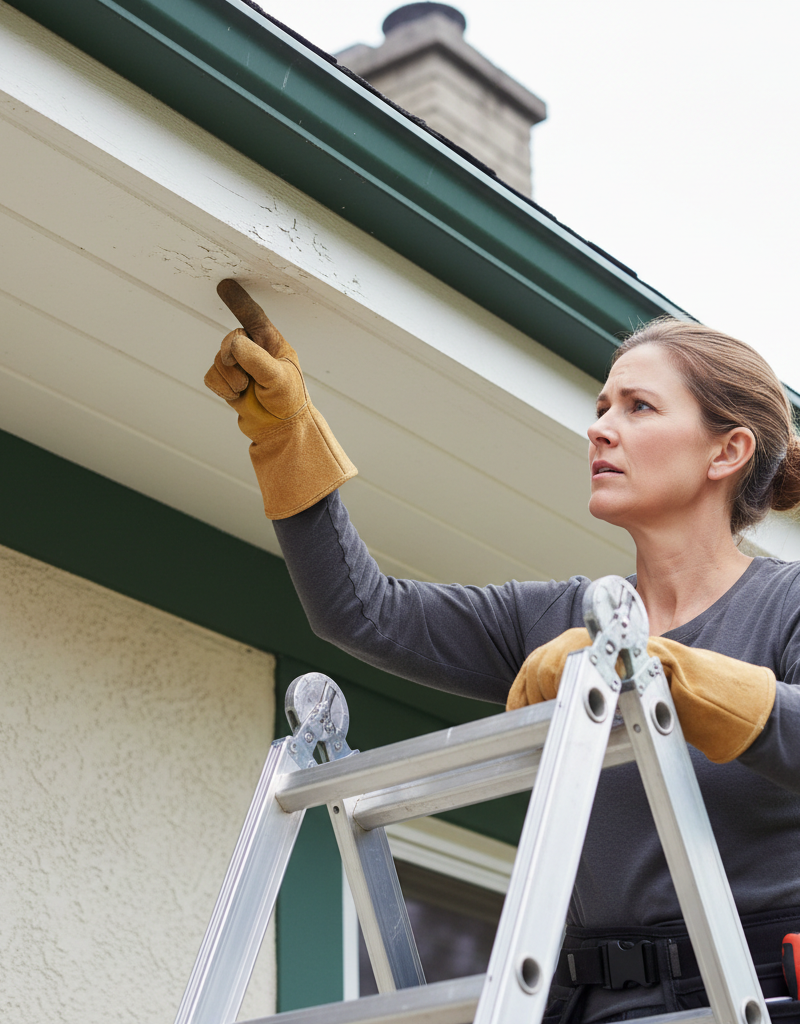 Homeowner inspecting soffit for peeling paint, a common sign of damage