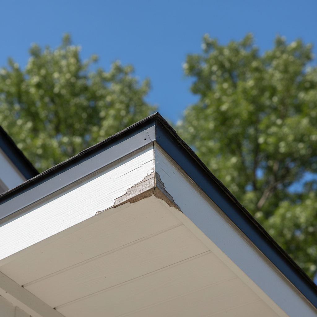 Close-up of residential soffit and fascia showing subtle signs of peeling paint and minor discoloration, indicating early damage.