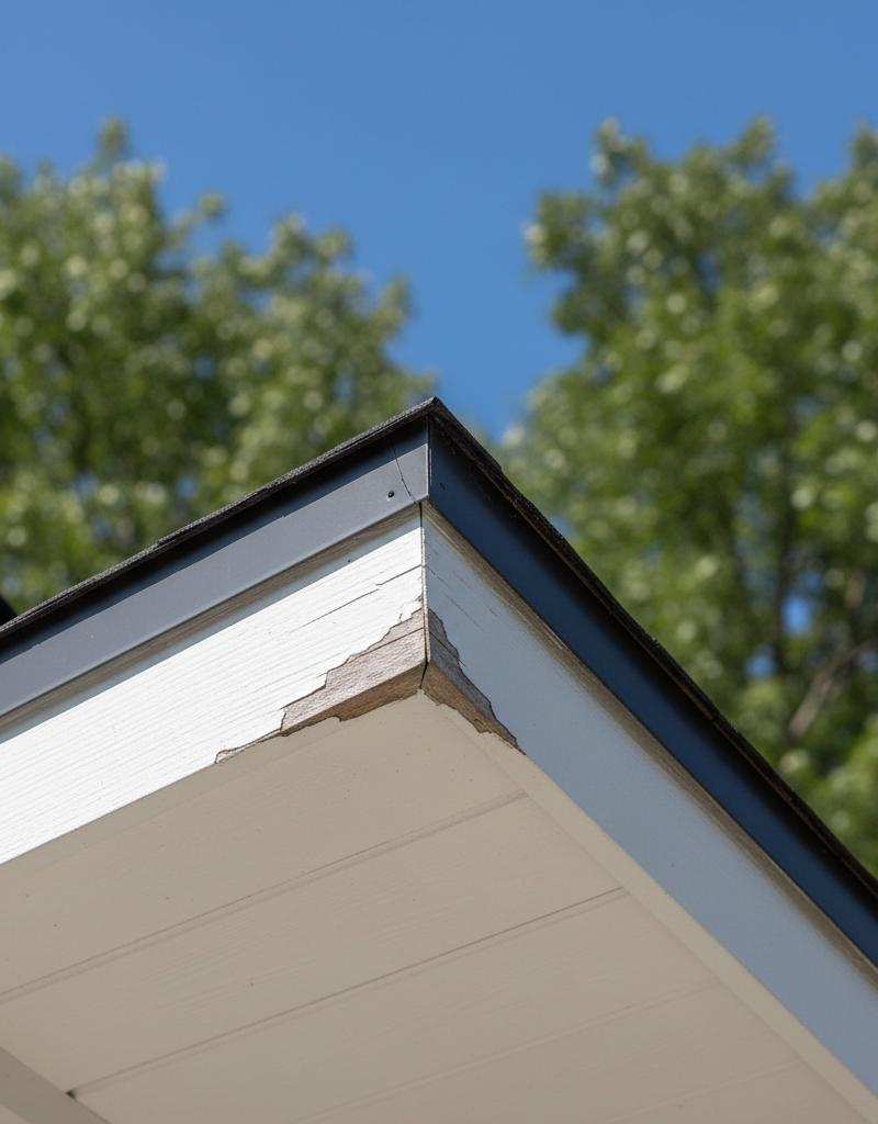 Close-up of residential soffit and fascia showing subtle signs of peeling paint and minor discoloration, indicating early damage.