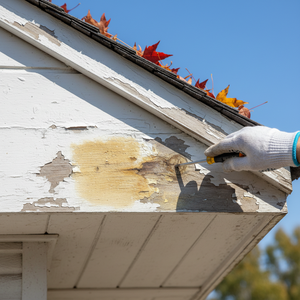 Homeowner inspecting peeling paint and soft wood on a damaged fascia board below a roof eave.
