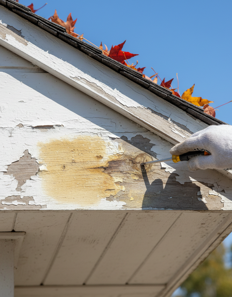 Homeowner inspecting peeling paint and soft wood on a damaged fascia board below a roof eave.