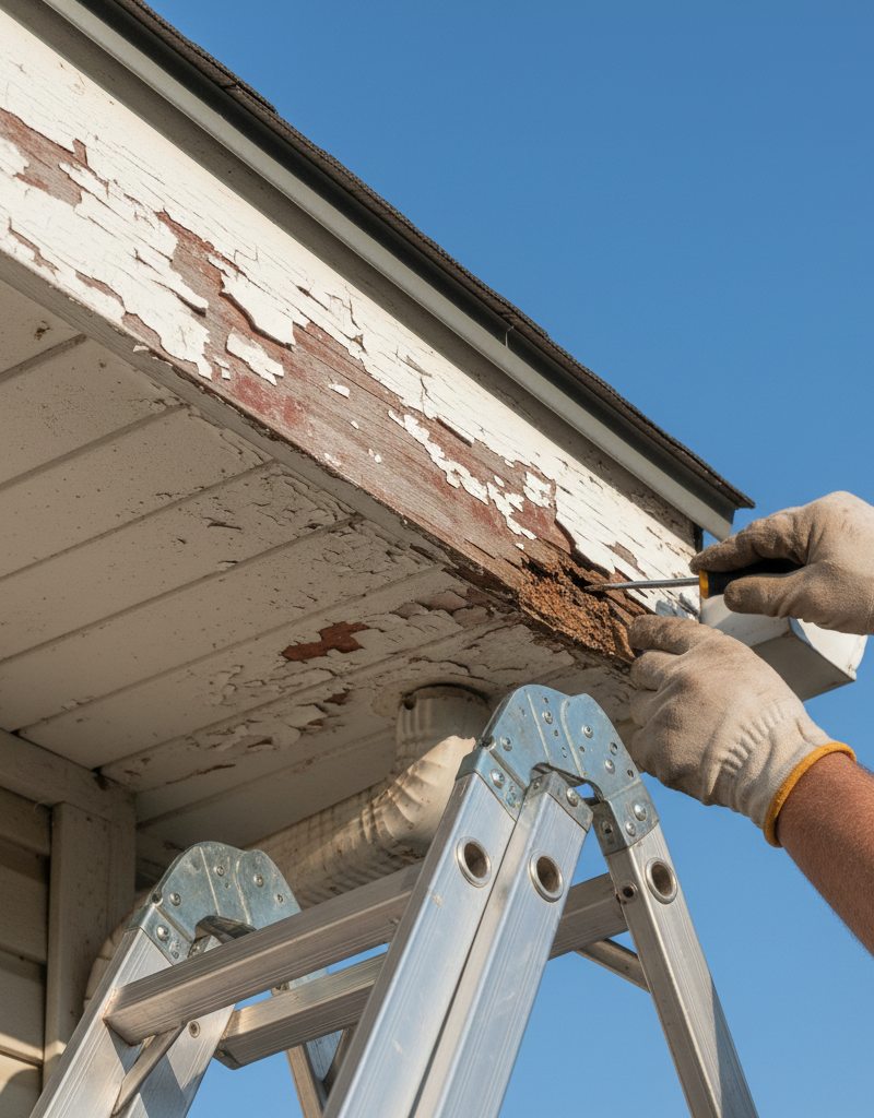 Homeowner inspects peeling paint and water damage on a house soffit and fascia board with a ladder