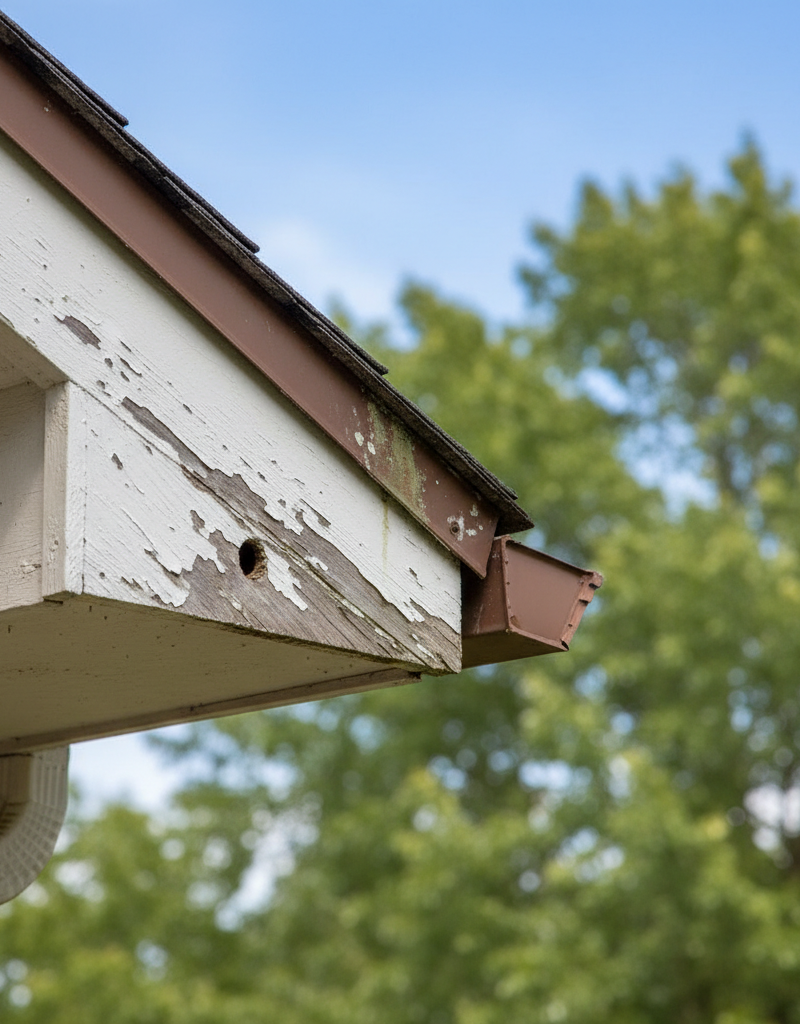 Damaged wood soffit and fascia with peeling paint and small holes indicating water intrusion and potential rot near a clean gutter.
