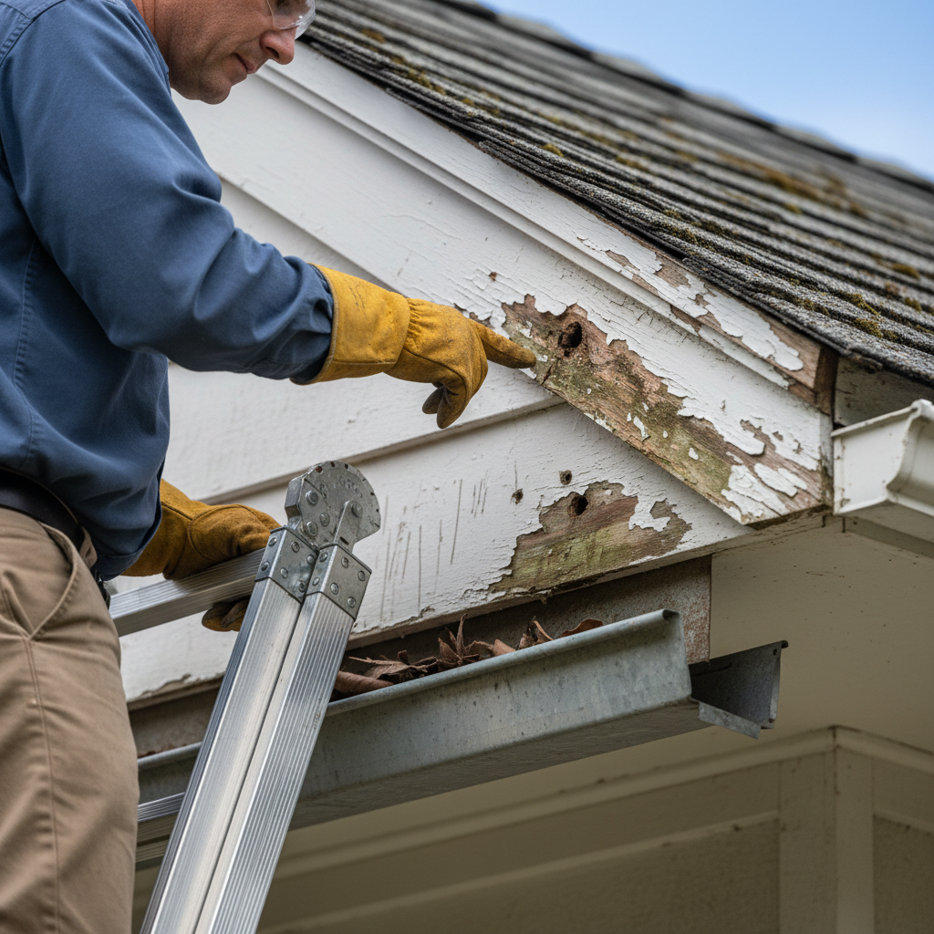 Homeowner on ladder inspecting rotting wood soffit and fascia near a roof gutter, showing water damage.