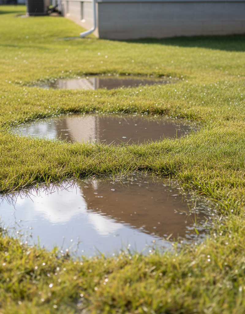 A suburban backyard lawn with large puddles of standing water after a rain, indicating poor drainage, with a house foundation visible in the background.