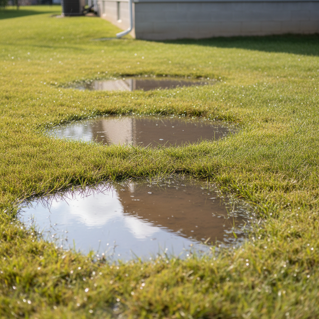 A suburban backyard lawn with large puddles of standing water after a rain, indicating poor drainage, with a house foundation visible in the background.