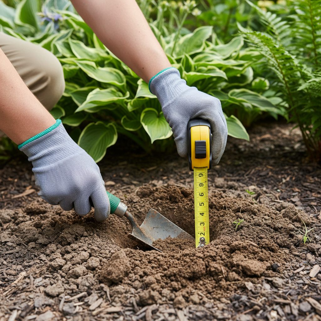 Homeowner checking soil for compaction by digging a test hole and examining the hard, clumpy soil structure.