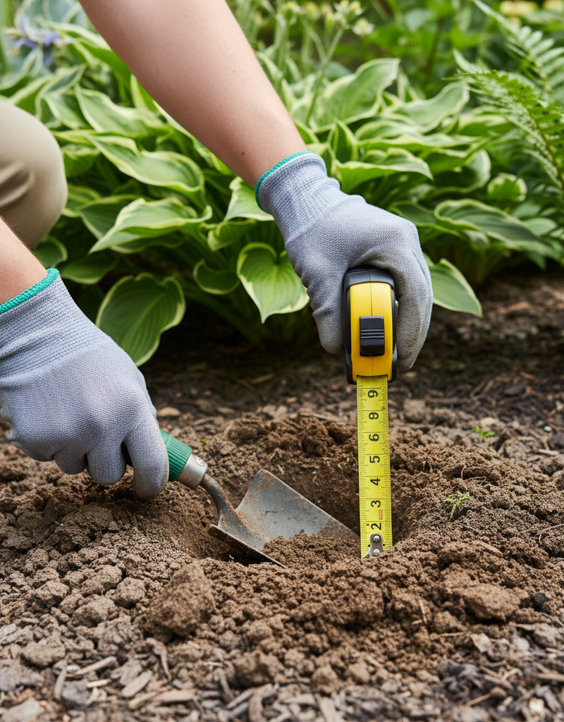 Homeowner checking soil for compaction by digging a test hole and examining the hard, clumpy soil structure.