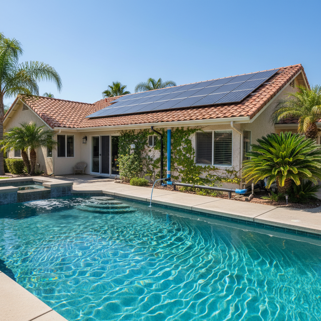 Solar pool heating panels on a roof connected to a residential swimming pool.