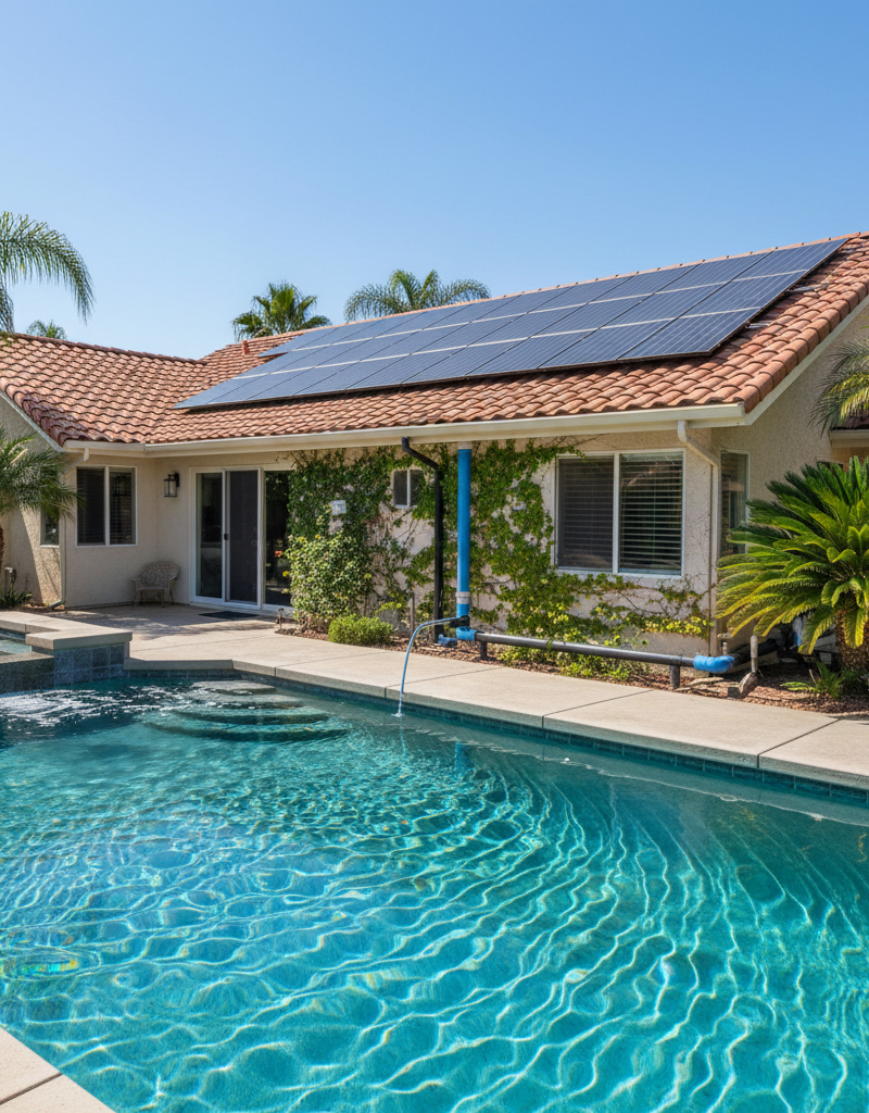 Solar pool heating panels on a roof connected to a residential swimming pool.