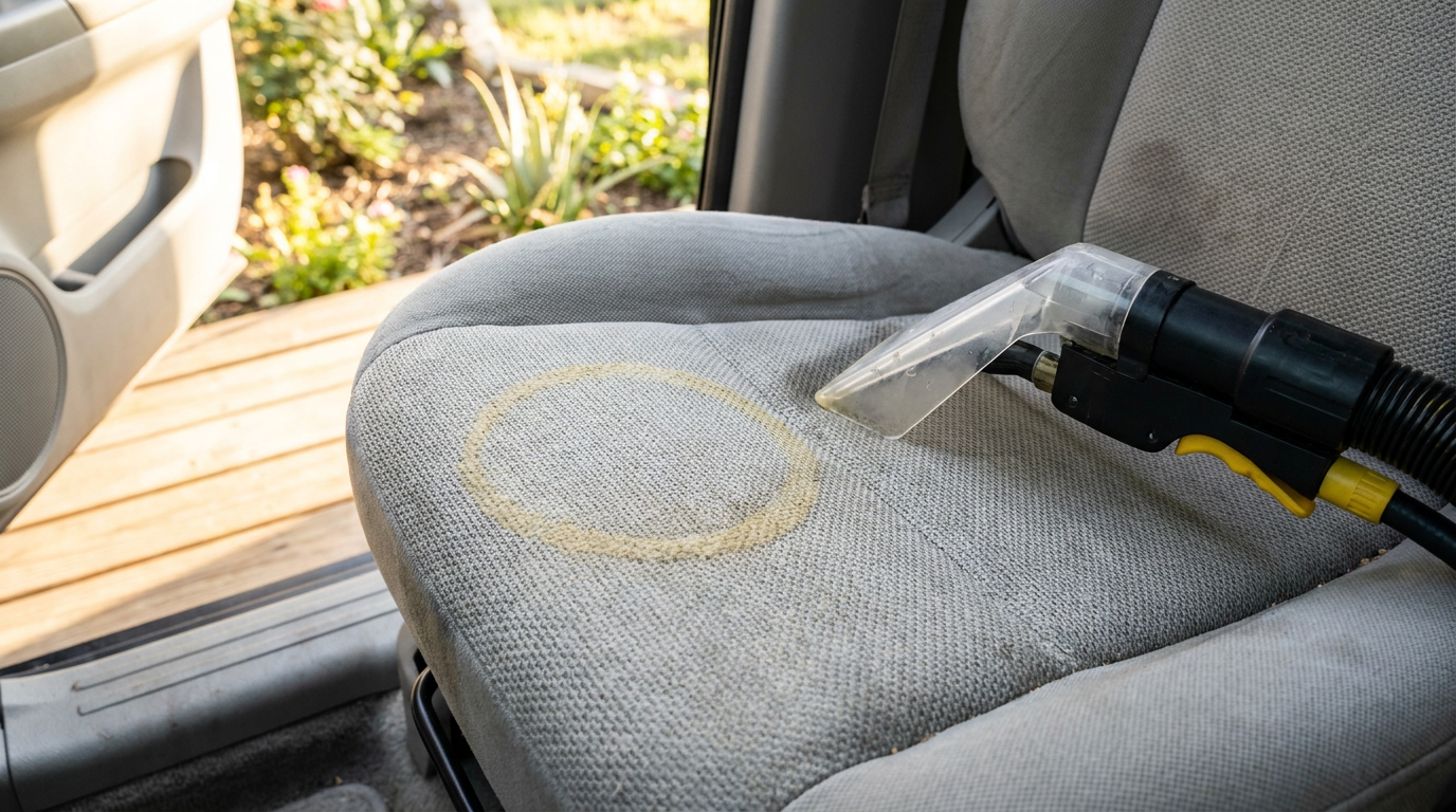 Close-up of a vehicle fabric seat cushion with a dried yellow-tan sour milk stain being treated
