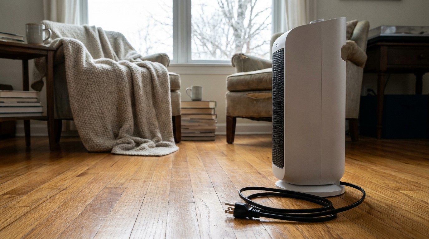 A space heater that won't turn on, sitting unplugged on a floor.