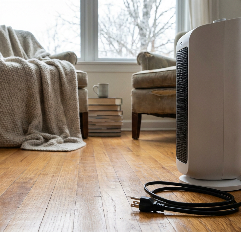 A space heater that won't turn on, sitting unplugged on a floor.