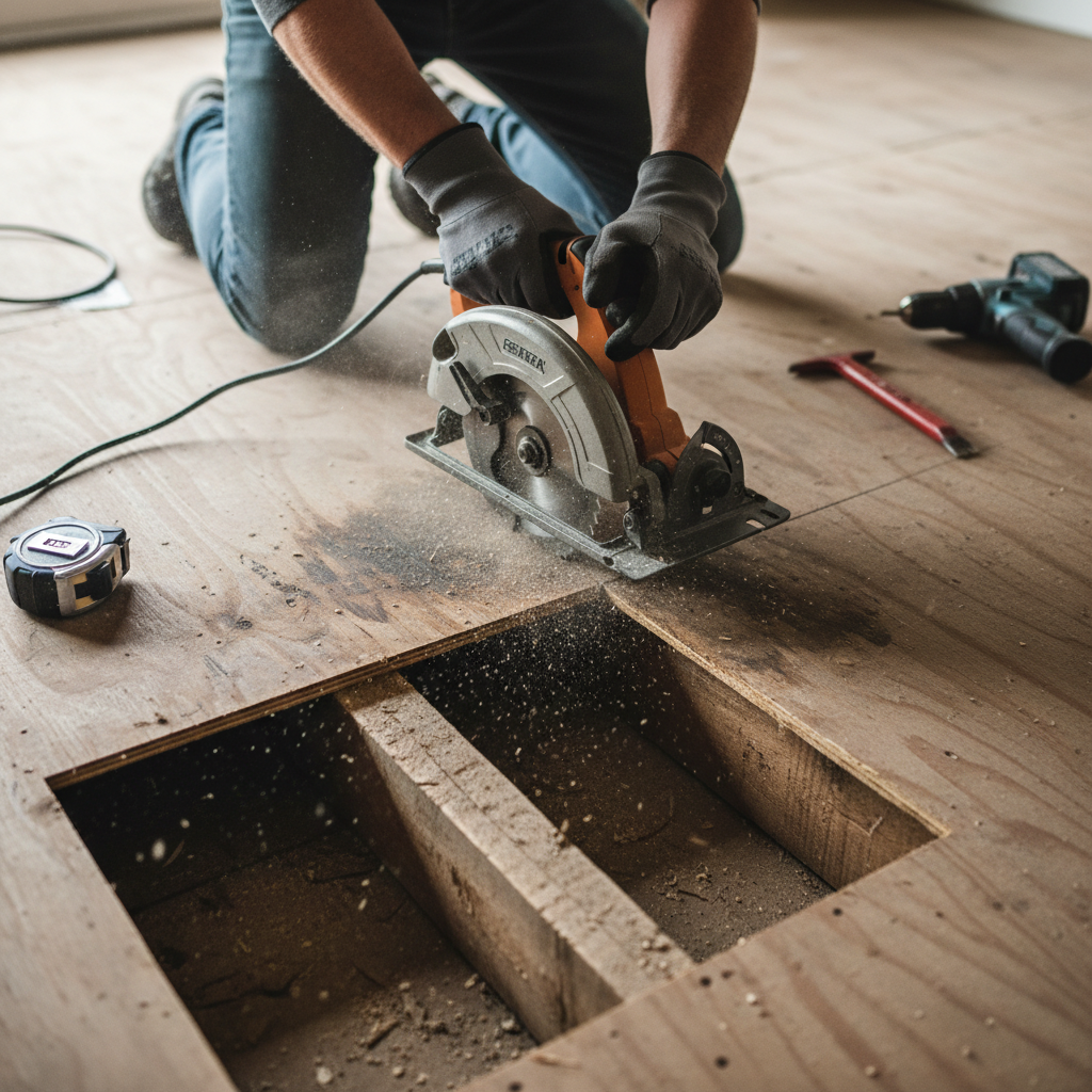 Homeowner cutting out a damaged subfloor section with a circular saw, exposing floor joists.