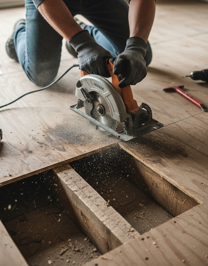 Homeowner cutting out a damaged subfloor section with a circular saw, exposing floor joists.