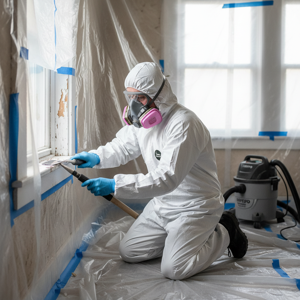 Homeowner in full protective gear carefully scraping lead paint from a window sill.