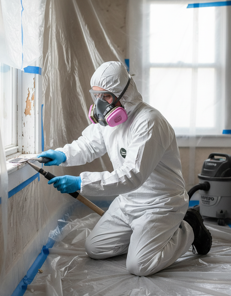 Homeowner in full protective gear carefully scraping lead paint from a window sill.
