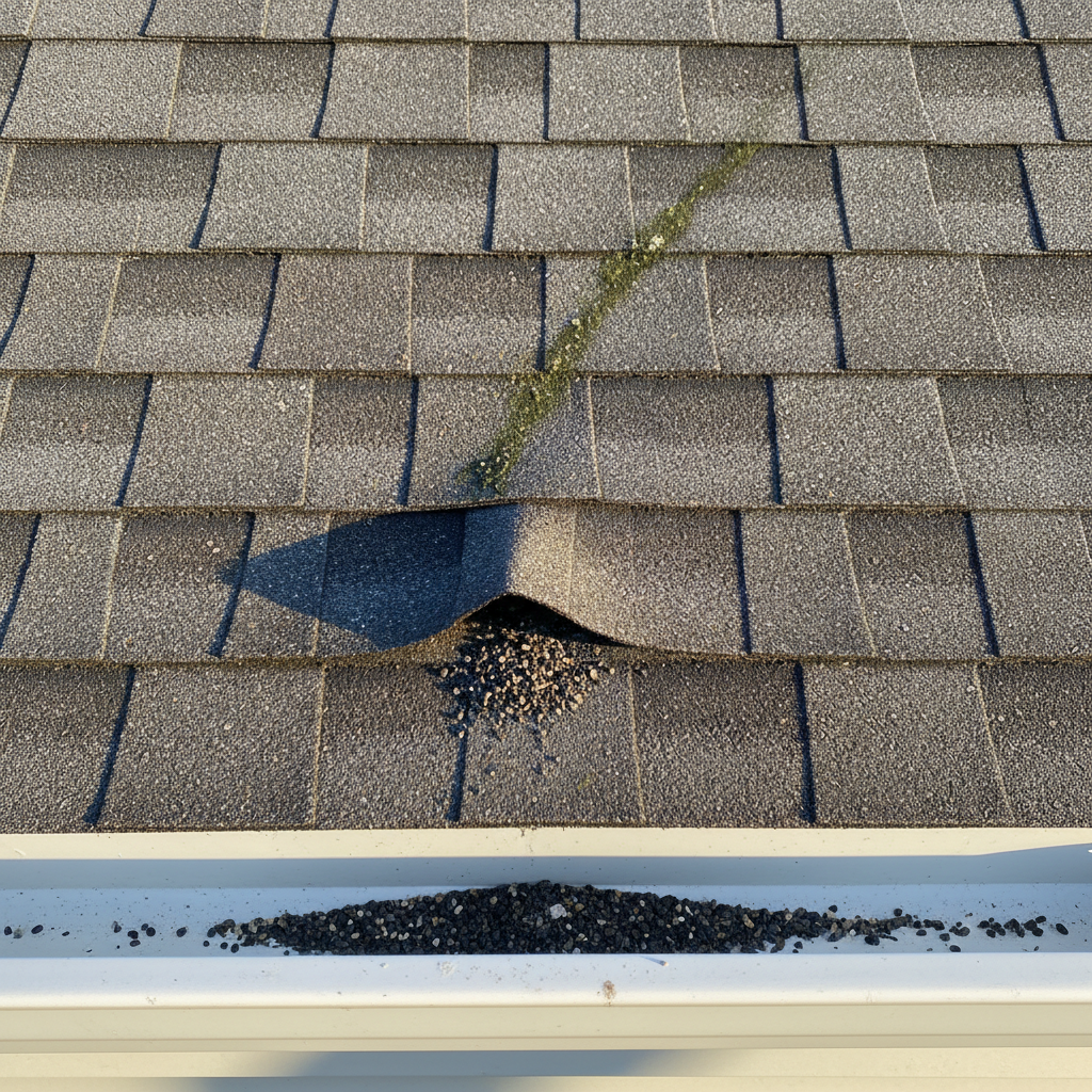 Close-up of shingle roof with subtle signs of wear and tear, e.g., slightly lifted shingle, granule loss in gutter, showing early roof leak indicators.