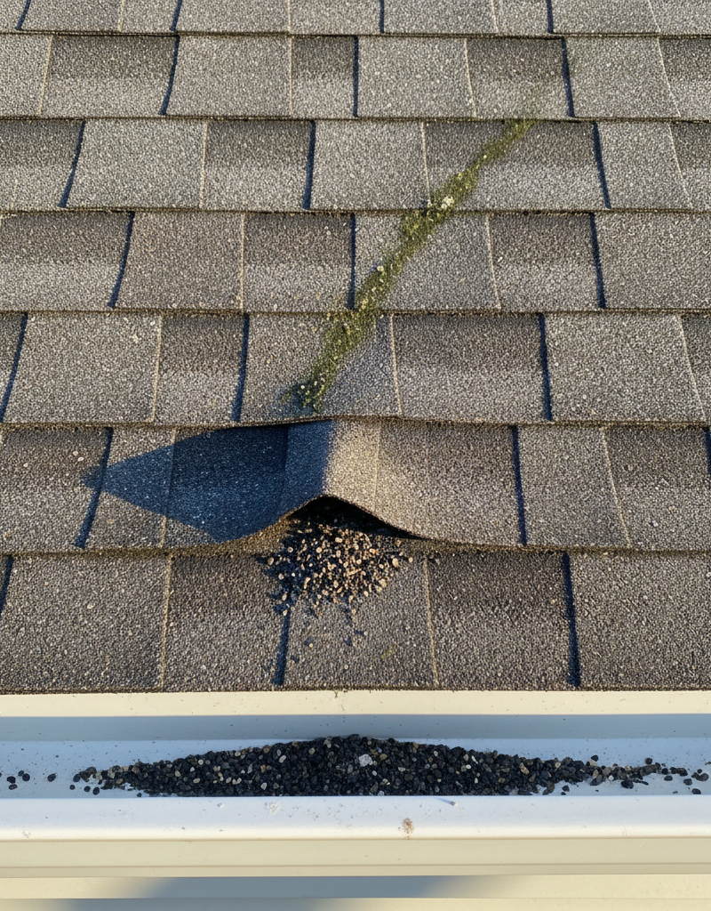 Close-up of shingle roof with subtle signs of wear and tear, e.g., slightly lifted shingle, granule loss in gutter, showing early roof leak indicators.