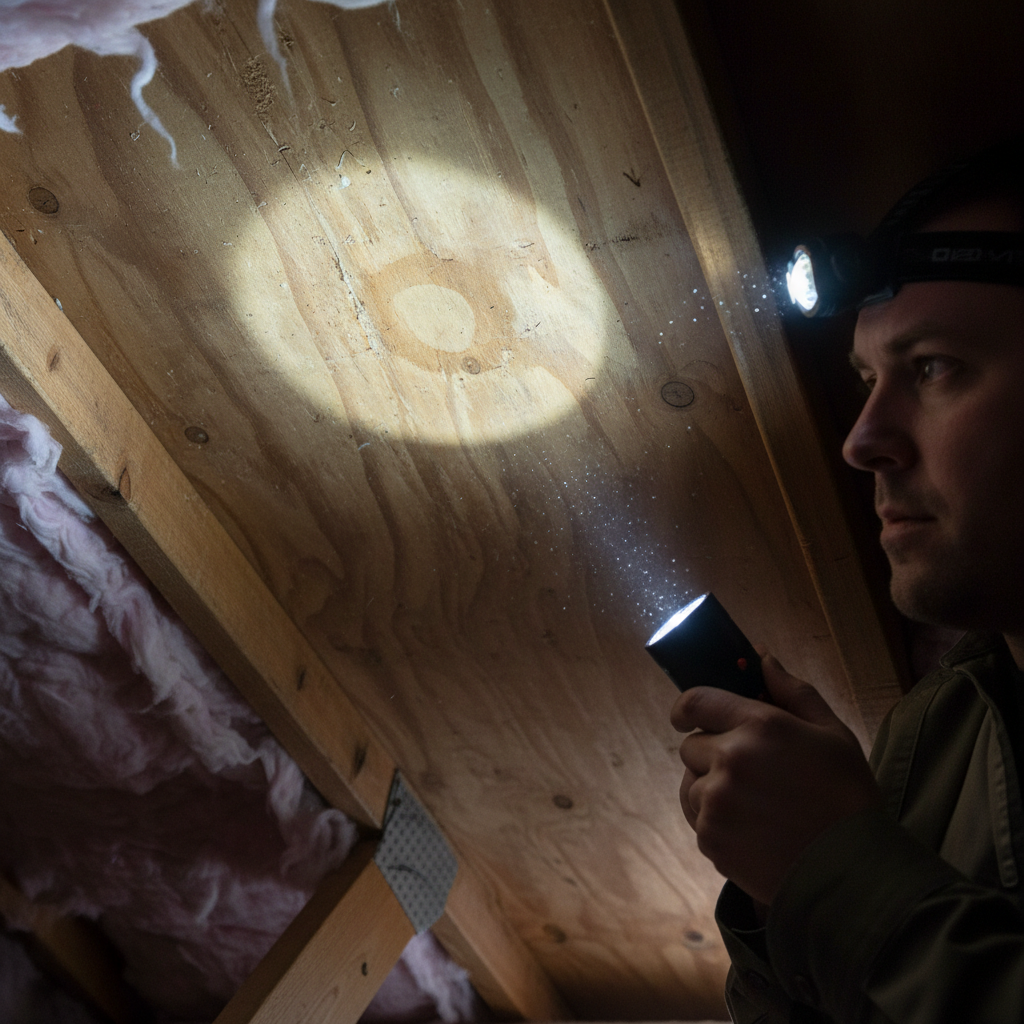Homeowner in attic inspecting subtle water stain on roof decking with a flashlight.