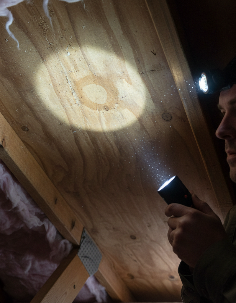 Homeowner in attic inspecting subtle water stain on roof decking with a flashlight.