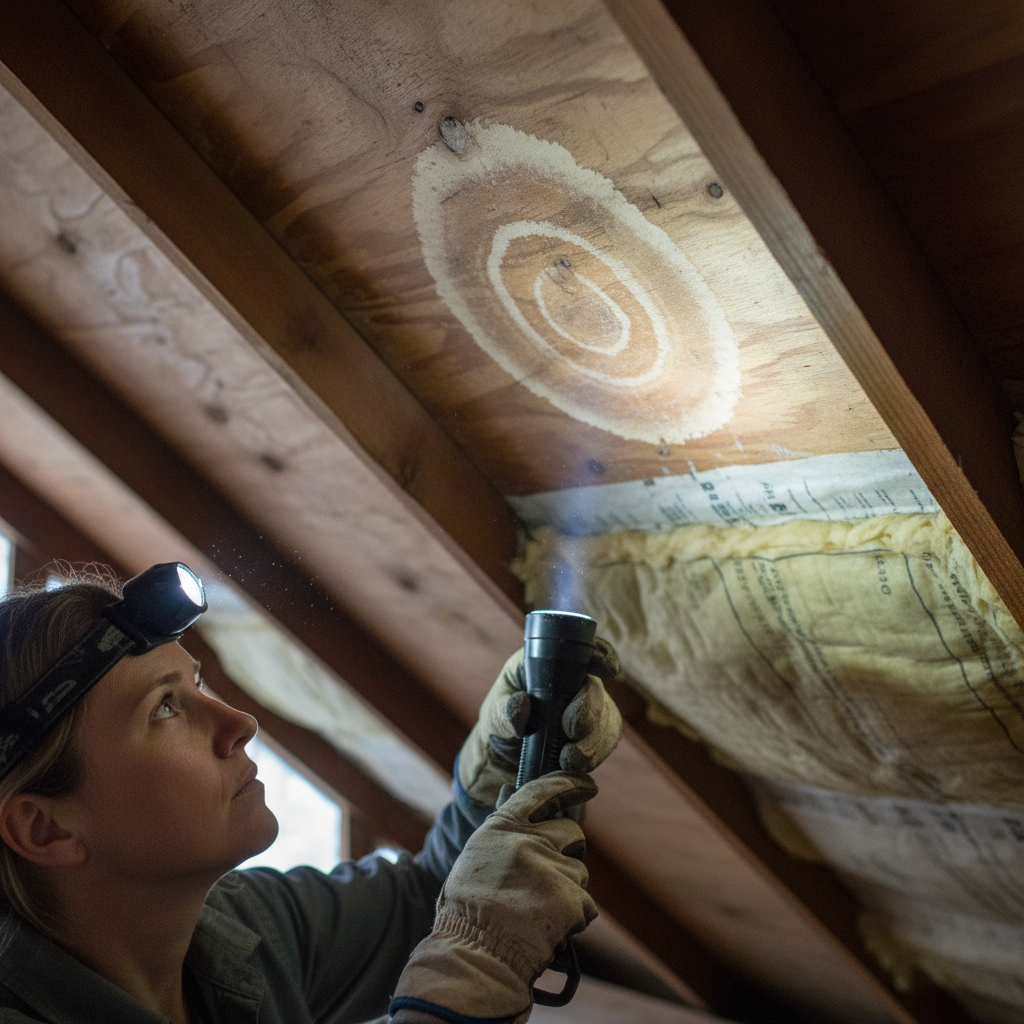 Homeowner in attic inspecting roof for water stains with a flashlight