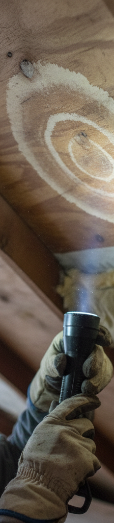 Homeowner in attic inspecting roof for water stains with a flashlight