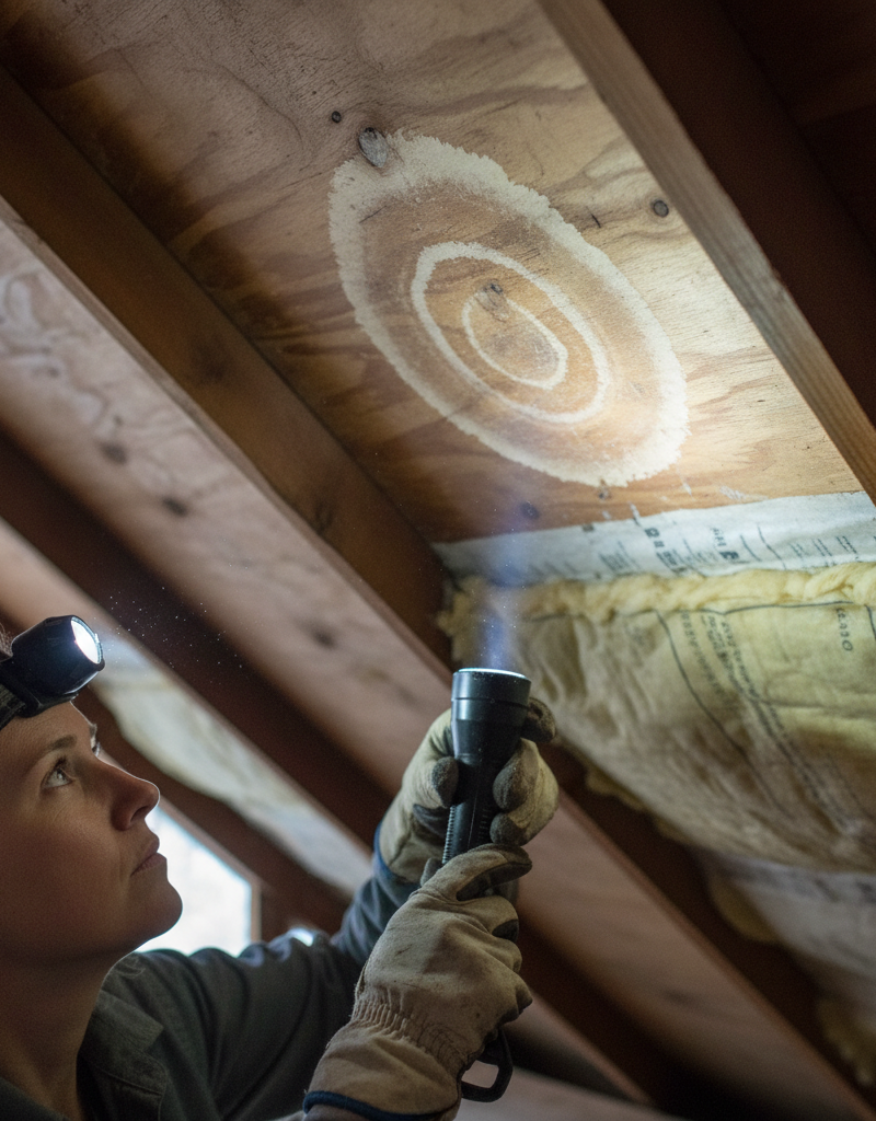 Homeowner in attic inspecting roof for water stains with a flashlight