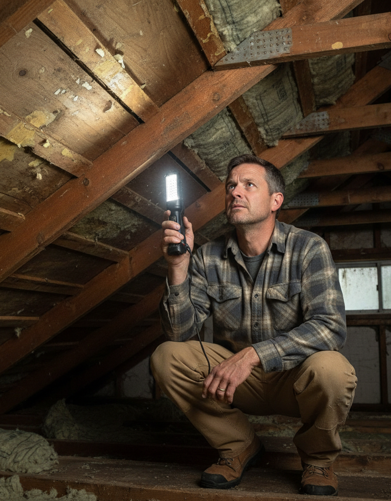 Homeowner inspecting attic roof deck with a flashlight for water stains and mold